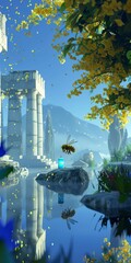 Soulful mystical bee collecting honey on Mt. Olympus created with Generative AI Technology