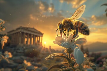 Soulful mystical bee collecting honey on Mt. Olympus created with Generative AI Technology - obrazy, fototapety, plakaty