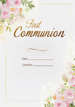 Invitación para acompañar en la Primera Comunión, First Communion, escrito en letras doradas sobre fondo o marco floral tonos pastel, con lineas de puntos para dar detalles lugar fecha, conmemorativo 