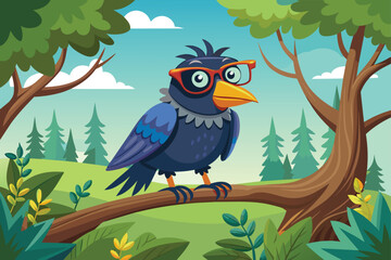 mart-crow-with-glasses-on-a-tree-branch-in-for.eps