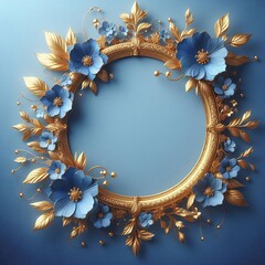 Obraz na płótnie Canvas A golden floral wreath embellished with vibrant blue flowers positioned against a deep navy blue background.