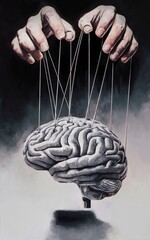 An illustration depicting hands controlling the strings attached to a brain, creating visual similarities with a marionette puppet. - obrazy, fototapety, plakaty