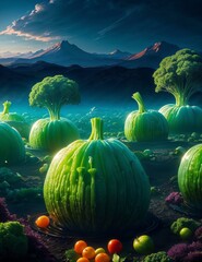 fantastic surreal landscape crafted from vegetables and fruits, creating an enchanting terrain under a starry twilight sky