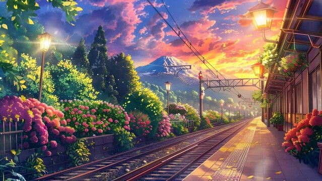 Charming train station adorned with blooming flowers and a passing train. Seamless Looping 4k Video Animation