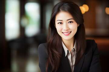 Fototapeta premium Smiling asian businesswomen in suit. Women in work clothes. Rich women. Business boss. Boss of a start-up. Asian women. Chinese women. Japanese women. AI. 