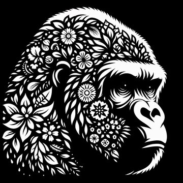 A detailed black and white illustration of a gorilla. The silhouette of the gorilla is filled with intricate floral patterns, creating an unusual and artistic image.