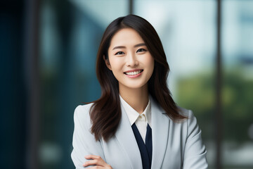Smiling asian businesswomen in suit. Women in work clothes. Rich women. Business boss. Boss of a start-up. Asian women. Chinese women. Japanese women. AI.	