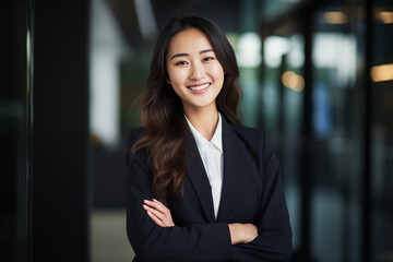Fototapeta premium Smiling asian businesswomen in suit. Women in work clothes. Rich women. Business boss. Boss of a start-up. Asian women. Chinese women. Japanese women. AI. 