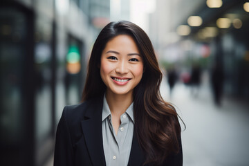 Naklejka premium Smiling asian businesswomen in suit. Women in work clothes. Rich women. Business boss. Boss of a start-up. Asian women. Chinese women. Japanese women. AI. 