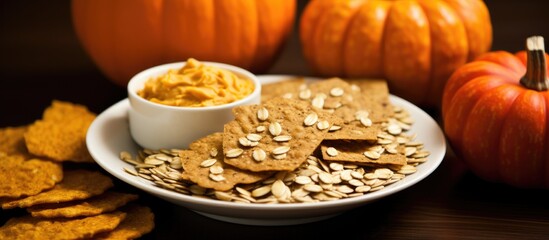 A white plate is seen holding a variety of crackers and small pumpkins. The crackers appear to be made from sweet oats, brown rice, and pumpkin, creating a tasty and visually appealing arrangement.
