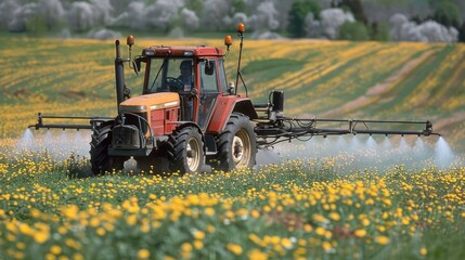 Fototapeta premium Crop care: Tractor sprays pesticides in springtime field. Vital protection for crops ensures healthy harvests, blending technology with agricultural traditions in rural landscapes.