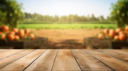 Photo sur Plexiglas Herbe The empty wooden brown table top with blur background of farm. Exuberant image. generative AI