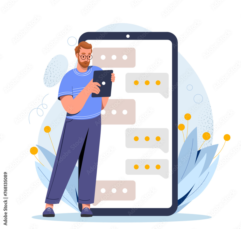 Poster man chatting at smartphone. young guy communicate in social networks and messengers. interaction on 