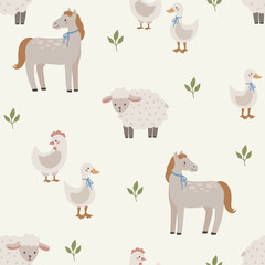 Fototapeta premium Farm animals seamless pattern hand drawn cute kids background vintage retro pallete, horse, sheep, chicken, goose