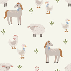 Farm animals seamless pattern hand drawn cute kids background vintage retro pallete, horse, sheep, chicken, goose