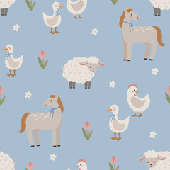 Farm animals seamless pattern hand drawn cute kids background vintage retro pallete, horse, sheep, chicken, goose