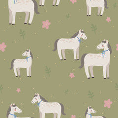 Horse seamless pattern hand drawn cute kids background vintage retro pallete