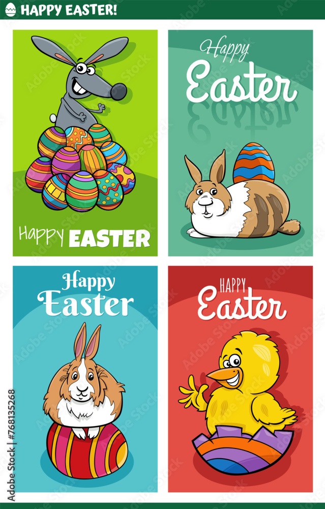 Sticker cartoon easter greeting cards designs set with bunnies and chick