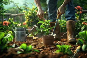 Muurstickers Gärtner bei der Gartenarbeit pflanzt eine Pflanze ein © Stephan