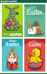 cartoon Easter greeting cards designs set with bunnies and chick