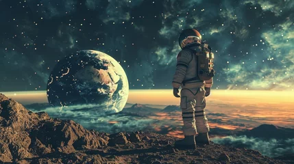 Schilderijen op glas Vintage astronaut on a foreign planet, Earth rising on the horizon , 3D render © NatthyDesign