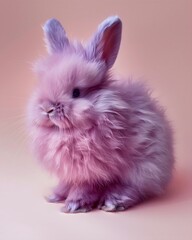 Realistic photo of a bright purple and fluffy rabbit, neutral background, abstract, colorful animal