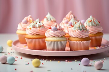 Juicy cupcakes on a metal tray against a pastel or soft colors background