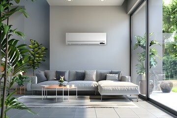 An Outdoor Split Wall-Type Air Conditioner Installed Next to a Modern Living Room House. Concept Home Appliances, Interior Design, Split Air Conditioner, Modern Living Room, Installation Process - obrazy, fototapety, plakaty