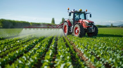 Crop care: Tractor sprays pesticides in springtime field. Vital protection for crops ensures healthy harvests, blending technology with agricultural traditions in rural landscapes.