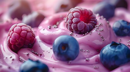 Blueberries and raspberries on yogurt, yogurt has blueberries pieces, white background, bright tones, food photography