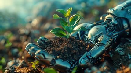 Cybernetic hands gently surround a young plant, embedded in healthy soil, under a warm light