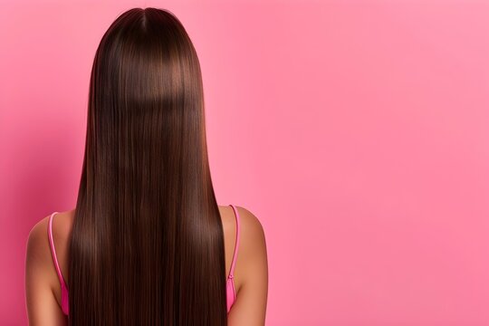 A Woman Demonstrating Keratin Straightening Treatment with Shiny Straight Brown Hair on a Pink Background. Concept Beauty Tips, Hair Treatments, Straight Hairstyles, Professional Salons