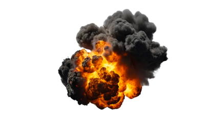 Black smoke fiery explosion with large fireball isolated on white background