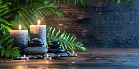 Spa setting with lit candles hot stones and ferns on a wooden background creating a relaxing atmosphere. Concept Spa Setting, Candles, Hot Stones, Ferns, Wooden Background, Relaxing Atmosphere - obrazy, fototapety, plakaty