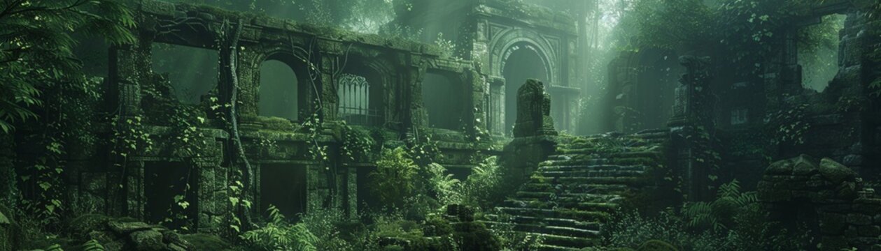 Ancient ruins in a jungle, vines and moss overtaking the stone , 3D render