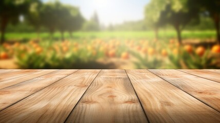 The empty wooden brown table top with blur background of farm. Exuberant image. generative AI - Powered by Adobe