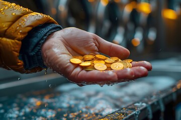 A man hand holding gold coins in rainy weather, yellow jacket, close up, realistic - Powered by Adobe