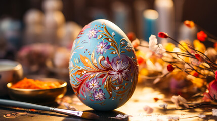 Artisanal Painted Easter Egg with Floral Motifs - 768136416