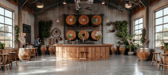 Rustic craft beer brewery in countryside barn brewing hoppy creations, ideal for local promotion - obrazy, fototapety, plakaty