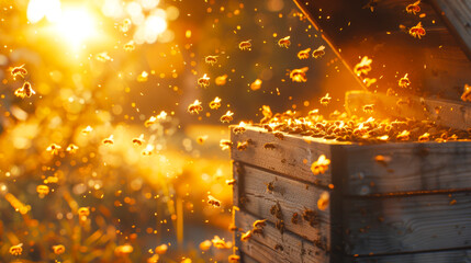 Swarm of Bees Flying Around Beehive at Sunset - 768136494