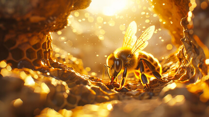 Macro Shot of Honeybee on Honeycomb in Hive - 768136600