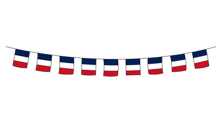 Obraz premium France country doodle hanging flags. French tricolor bunting, streamer. Vector illustration. Decorative party banner design element isolated on white background