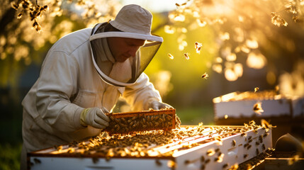 Beekeeper Inspecting Honeycomb Frames in Golden Light - 768136681
