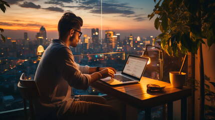 Man Working on Laptop with Cityscape at Night