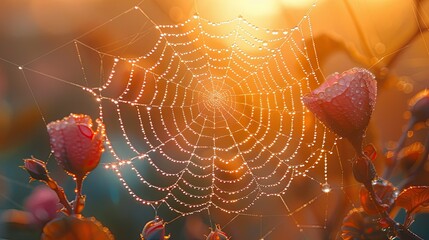 The delicate intricacies of a spider's web, each thread shimmering with dewdrops in the morning sun.