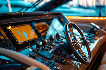 Interior steering wheel area in a luxury yacht