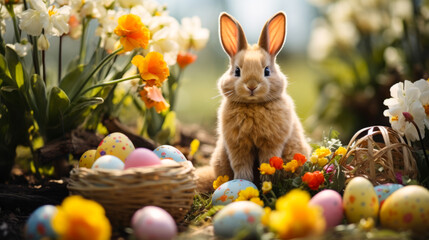 Easter Bunny Among Spring Flowers and Eggs - 768136886