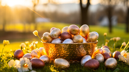 Golden Easter Eggs Nestled in Spring Grass - 768137064