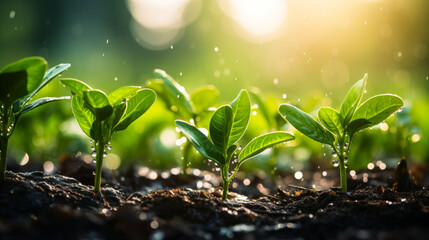 Close-up of young green plant seedlings with water droplets in rich soil - 768137078