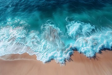 
Creative nature template. Aerial view of turquoise ocean waves. Beautiful sandy beach with...